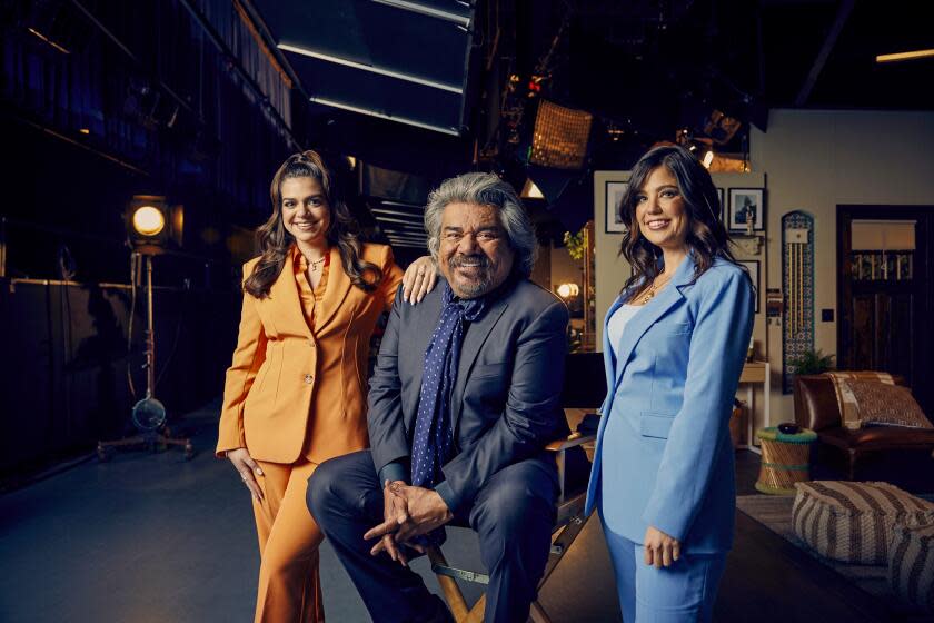 LOS ANGELES - MARCH 22: Mayan Lopez, George Lopez and Lopez vs Lopez show runner Debby Wolf at the Universal Lot in Los Angeles, CA on Friday, March 22, 2024. (Aldo Chacon / For The Times)