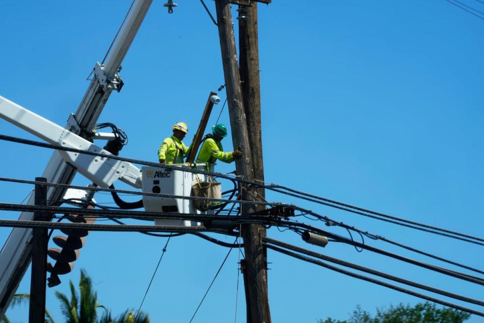 Linemen repairing damaged elecricity wires in Lahaina (AP)