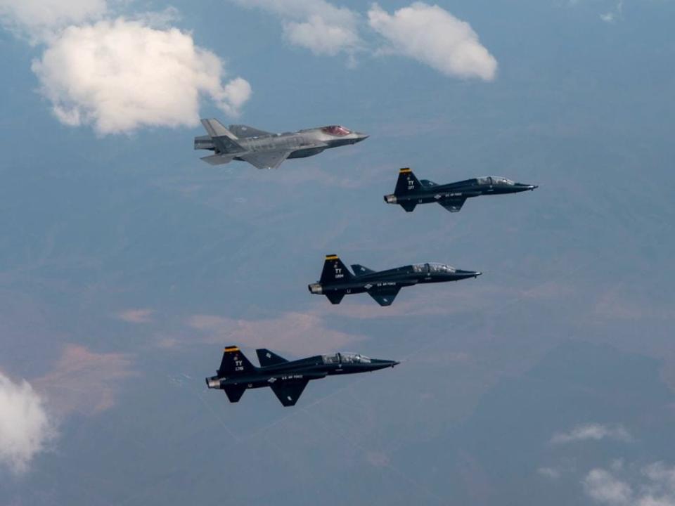 A U.S. Air Force F-35A Lightning II assigned to the 61st Fighter Squadron and T-38A Talons assigned to the 2d Fighter Training Squadron fly in formation over southern Idaho.