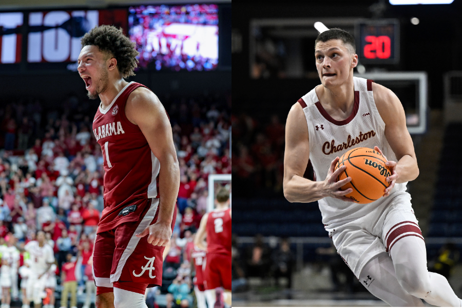 LEFT: Mark Sears (1) of the Alabama Crimson Tide celebrates an overtime victory over the Arkansas Razorbacks. (Brandon Sumrall/Getty Images) RIGHT: Charleston forward Ante Brzovic drives to the basket in the CAA tournament title game. (AP Photo/Terrance Williams)