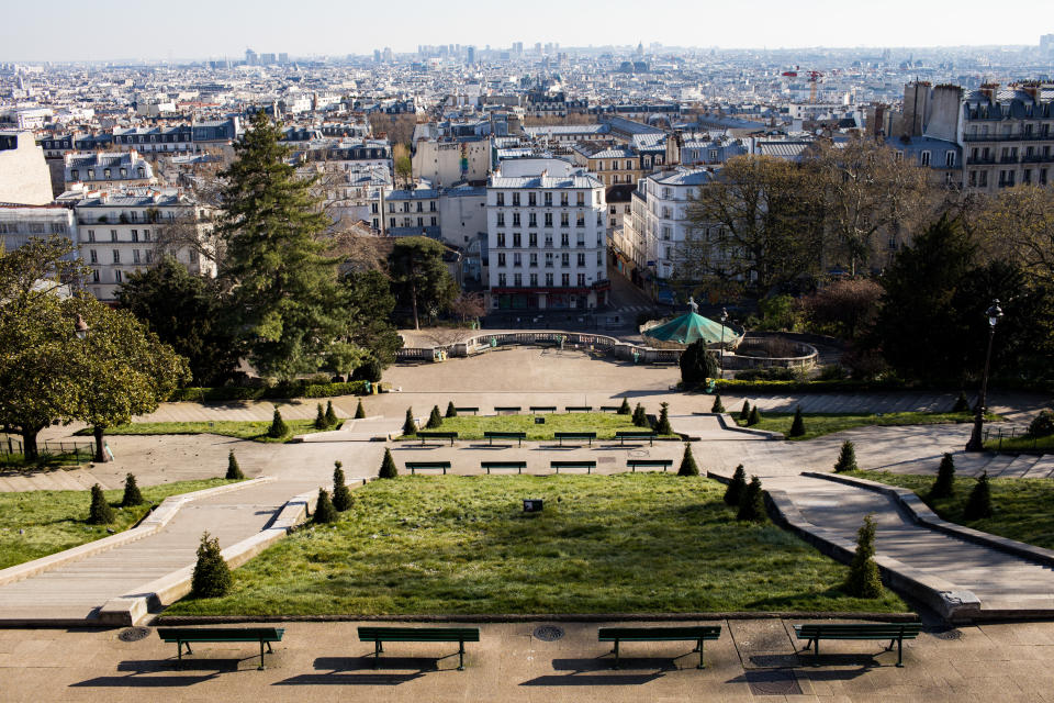 Parc de la butte de montmartre is firm and empty in the context of national containment following the corona virus epidemic on March 25, 2020 in Paris, France.  (Photo by Emeric Fohlen/NurPhoto via Getty Images)