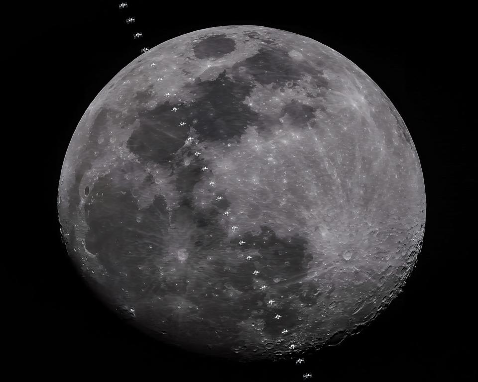 This 'stack' of 25 consecutive video frames shows the International Space Station crossing the face of the moon Sunday night, April 2, 2023. The 4K video was shot through a 1600mm focal length telescope with a Nikon D850 camera from Benson.