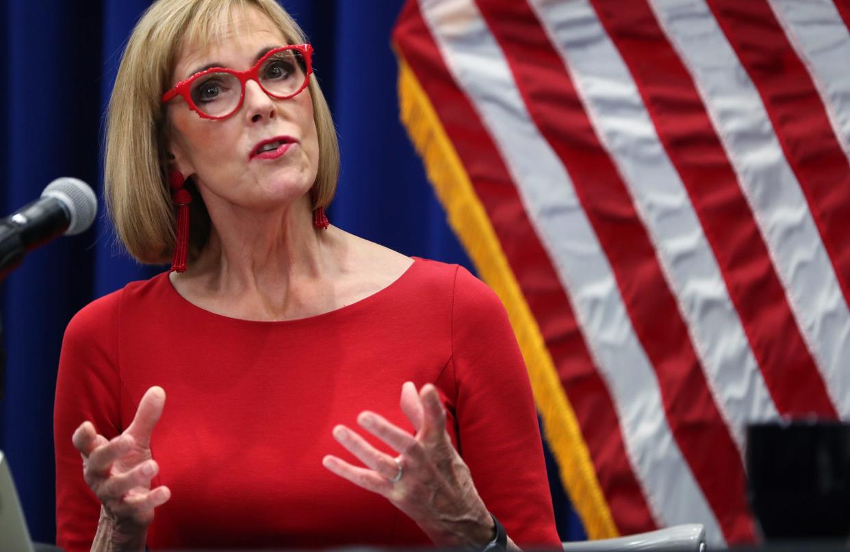 Lt. Gov. Suzanne Crouch talks about mental health during a press conference Monday, Jan. 3, 2022 where Gov. Eric Holcomb presented his 2022 agenda at the Indiana Government Center South in Indianapolis.