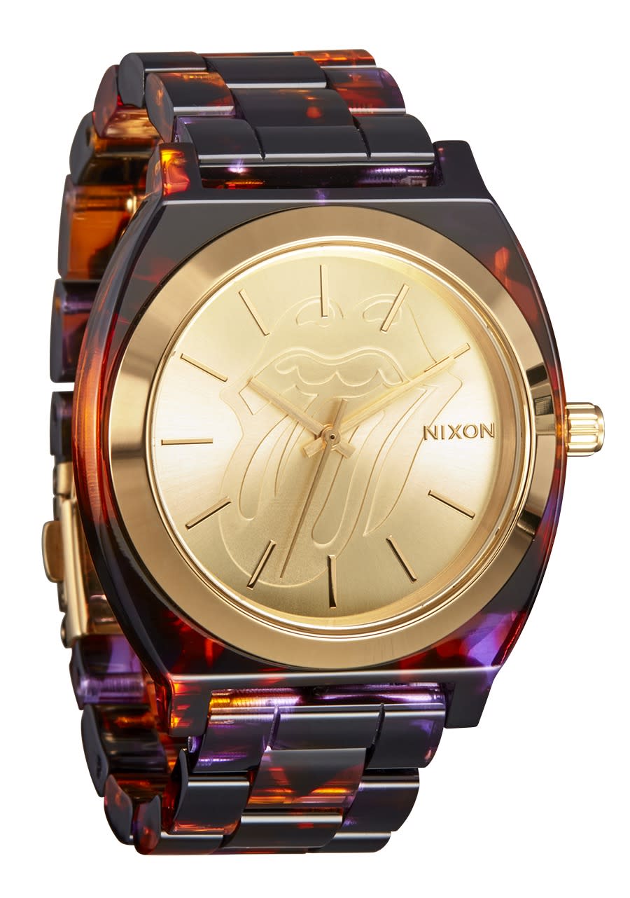 Nixon-The-Rolling-Stones-Time-Teller-Acetate-watch with a gold dial