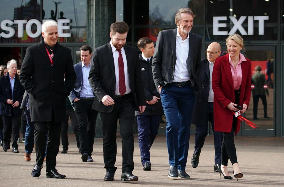 Sir Dave Brailsford, back right, with Jim Ratcliffe at Old Trafford (PA)