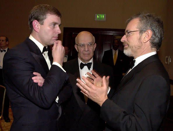 <p>The prince speaks to director Steven Spielberg, who he presented with an award at the BAFTA Britannia awards in LA in 2000.</p>