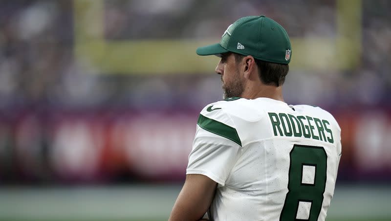 New York Jets quarterback Aaron Rodgers looks on from sidelines during game against the New York Giants, Saturday, Aug. 26, 2023, in East Rutherford, N.J. Rodgers makes his debut tonight when the Jets face the Buffalo Bills.