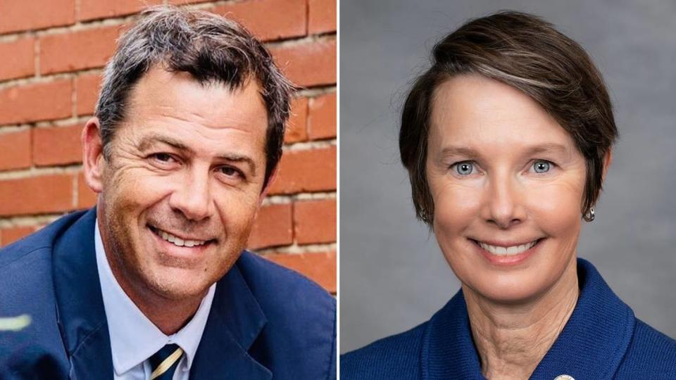 Candidates for North Carolina lieutenant governor in the 2024 election are Republican Hal Weatherman, left, and N.C. Sen. Rachel Hunt, right.