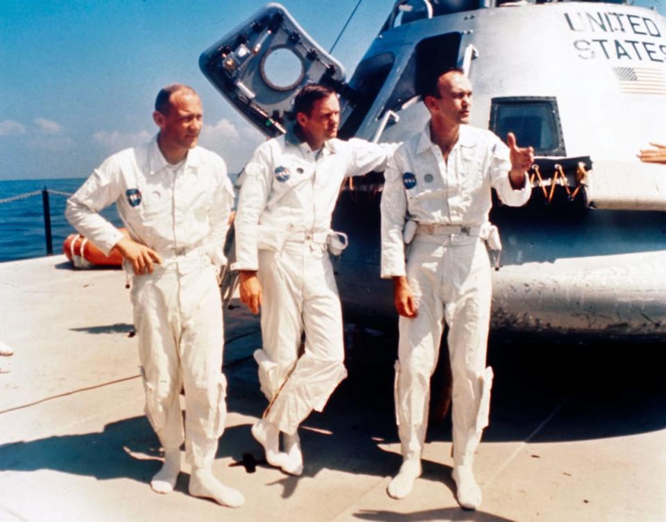 <div class="inline-image__caption"><p>The astronauts beside a boiler plate Apollo capsule on the deck of the NASA vessel Retriever during water egress training in the Gulf of Mexico. </p></div> <div class="inline-image__credit">Science & Society Picture Library/Getty</div>