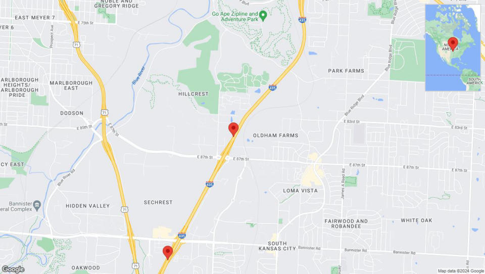 A detailed map that shows the affected road due to 'Heavy rain prompts traffic advisory on southbound I-435 in Kansas City' on July 1st at 12:36 p.m.