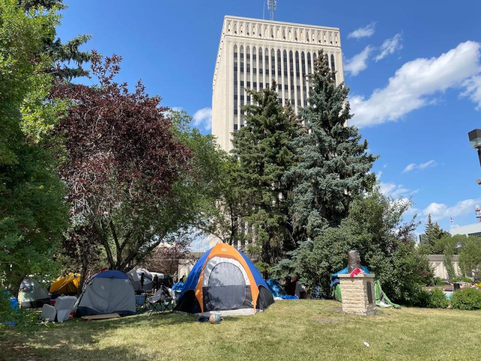 Regina city council's special meeting set to address the homeless encampment outside of city hall has been cancelled. (Alexander Quon/CBC - image credit)