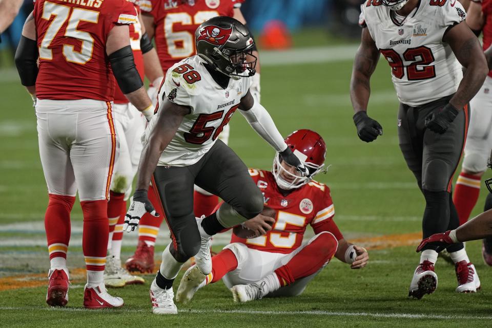 Tampa Bay Buccaneers outside linebacker Shaquil Barrett celebrates after sacking Kansas City Chiefs quarterback Patrick Mahomes during the second half of the NFL Super Bowl 55 football game Sunday, Feb. 7, 2021, in Tampa, Fla. (AP Photo/David J. Phillip)