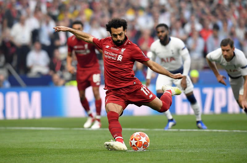 FILE PHOTO: Liverpool forward Mohamed Salah scores a penalty in the second minute of their 2-0 win against Tottenham Hotspur in the Champions League final at the Wanda Metropolitano stadium in Madrid.