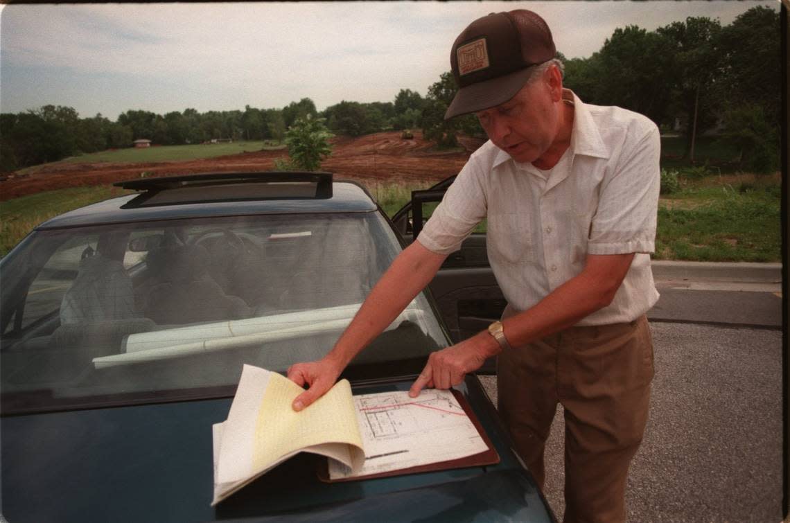 In 1998, trails historian Walter Cook was at the site after swales left by the Santa Fe Trail were bulldozed under when Blue Ridge Bible Church and Blue Ridge Christian School built a soccer field. His efforts to stop the construction had failed. File photo