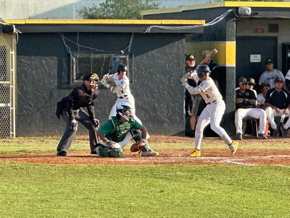 Miami Sunset shortstop Angel Santiago stands in the batter’s box against St. Brendan during Friday’s Region 4-4A semifinal at Raul Ibanez Field.