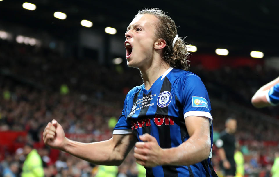 Rochdale's Luke Matheson celebrates scoring his side's first goal of the game during the Carabao Cup, Third Round match at Old Trafford, Manchester. (Photo by Richard Sellers/PA Images via Getty Images)