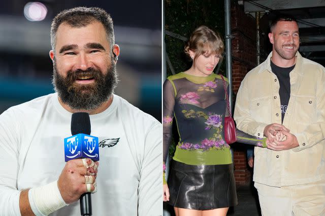 <p>Cooper Neill/Getty, Gotham/GC Images</p> Jason Kelce, Taylor Swift,Travis Kelce