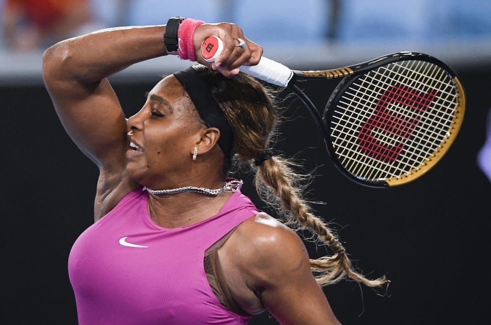 United States’ Serena Williams makes a forehand return to compatriot Danielle Collins during a tuneup event ahead of the Australian Open tennis championships in Melbourne, Australia, Friday, Feb. 5, 2021.(AP Photo/Andy Brownbill)
