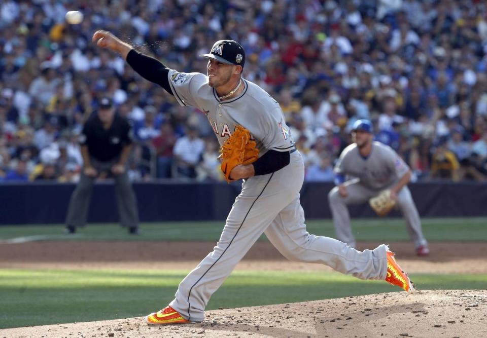 National League’s Jose Fernandez, of the Miami Marlins, throws against the American League during the second inning of the MLB baseball All-Star Game, Tuesday, July 12, 2016, in San Diego.