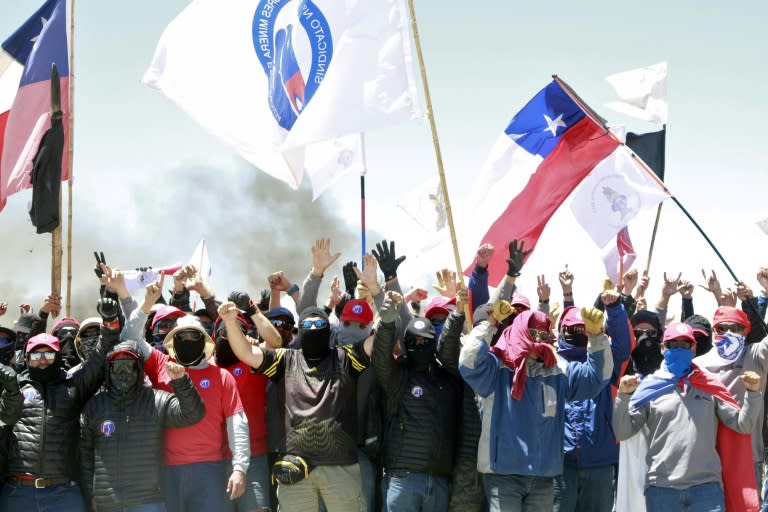 Workers at BHP's Escondida copper mine protest in Antofagasta, Chile, on February 20, 2017 during their strike