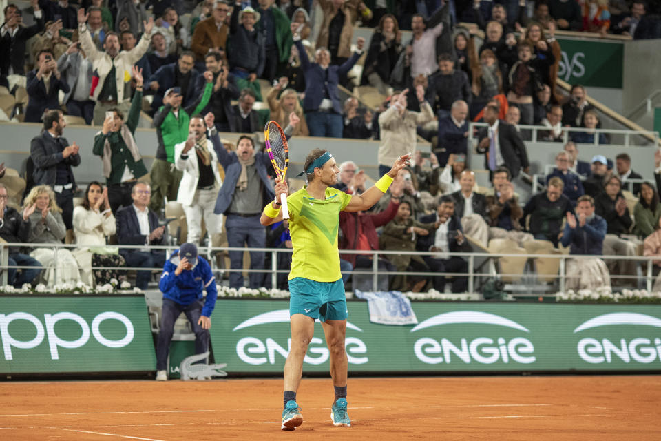 Rafa Nadal (pictured) celebrates his victory against Novak Djokovic on Court Philippe Chatrier during the singles Quarter Final match at the 2022 French Open.