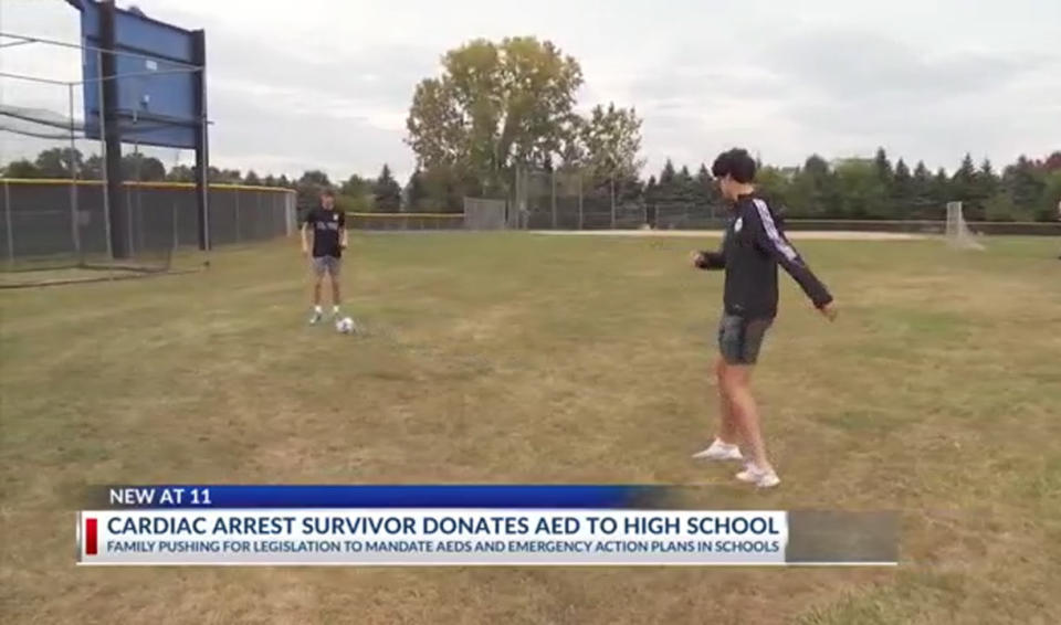 Canan Dickman, left, practices with a teammate on the same field where he suffered cardiac arrest in the summer of 2023. (NBC4)