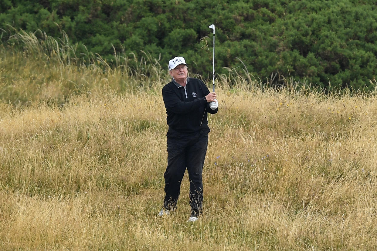 President Donald Trump plays a round of golf at Trump Turnberry Luxury Collection Resort on July 15, 2018 in Turnberry, Scotland.