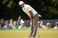 Brooks Koepka reacts after missing a putt on the fifth hole during the final round of the PGA Championship golf tournament at Oak Hill Country Club on Sunday, May 21, 2023, in Pittsford, N.Y. (AP Photo/Eric Gay)