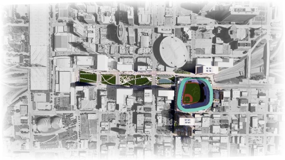 A downtown stadium concept for the Kansas City Royals designed by Mammoth Sports Construction has the stadium at the site of the former Kansas City Star press pavilion on McGee Street. In this concept, a portion of the stadium would span I-670.