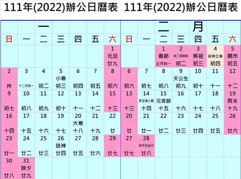 網友開心表示，明年春節連假有9天。 （圖／翻攝自人事行政局）