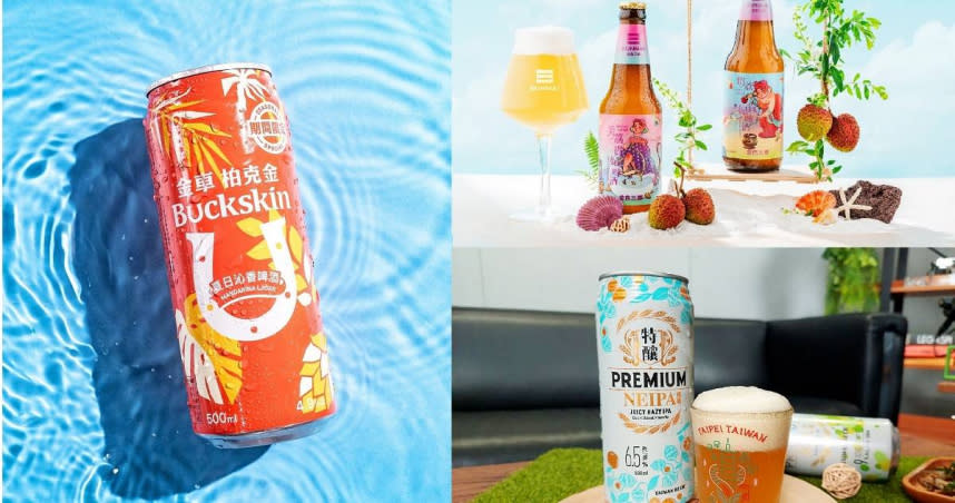 「夏日沁香啤酒 Mandarina Lager」（左）、「俏荔貴妃啤酒」與「美荔貴妃啤酒」（右上）、「台啤特釀•橙喚NEIPA」。（圖／金車柏克金提供、金色三麥提供、魏妤靜攝）