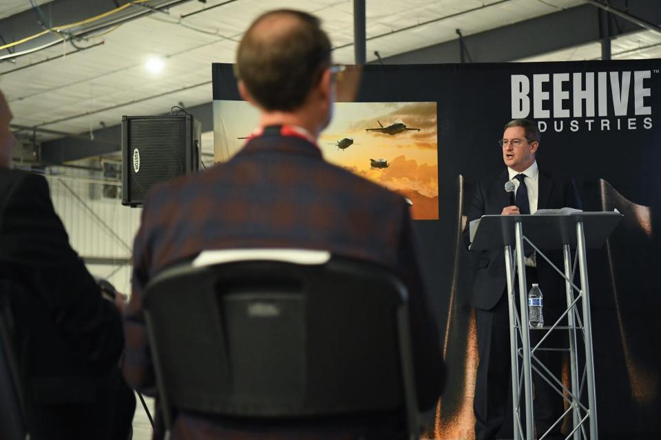 Gordie Follin, chief product officer for Beehive Industries, shares how the company is expanding to make 3D-printed jet engines during a ribbon-cutting ceremony at the new facility May 3, 2024. CEO Mohammad Ehteshami said in a March news release that “Beehive’s family of engines are part of a much bigger initiative to strengthen the American supply chain and modernize our country’s defense capabilities.”