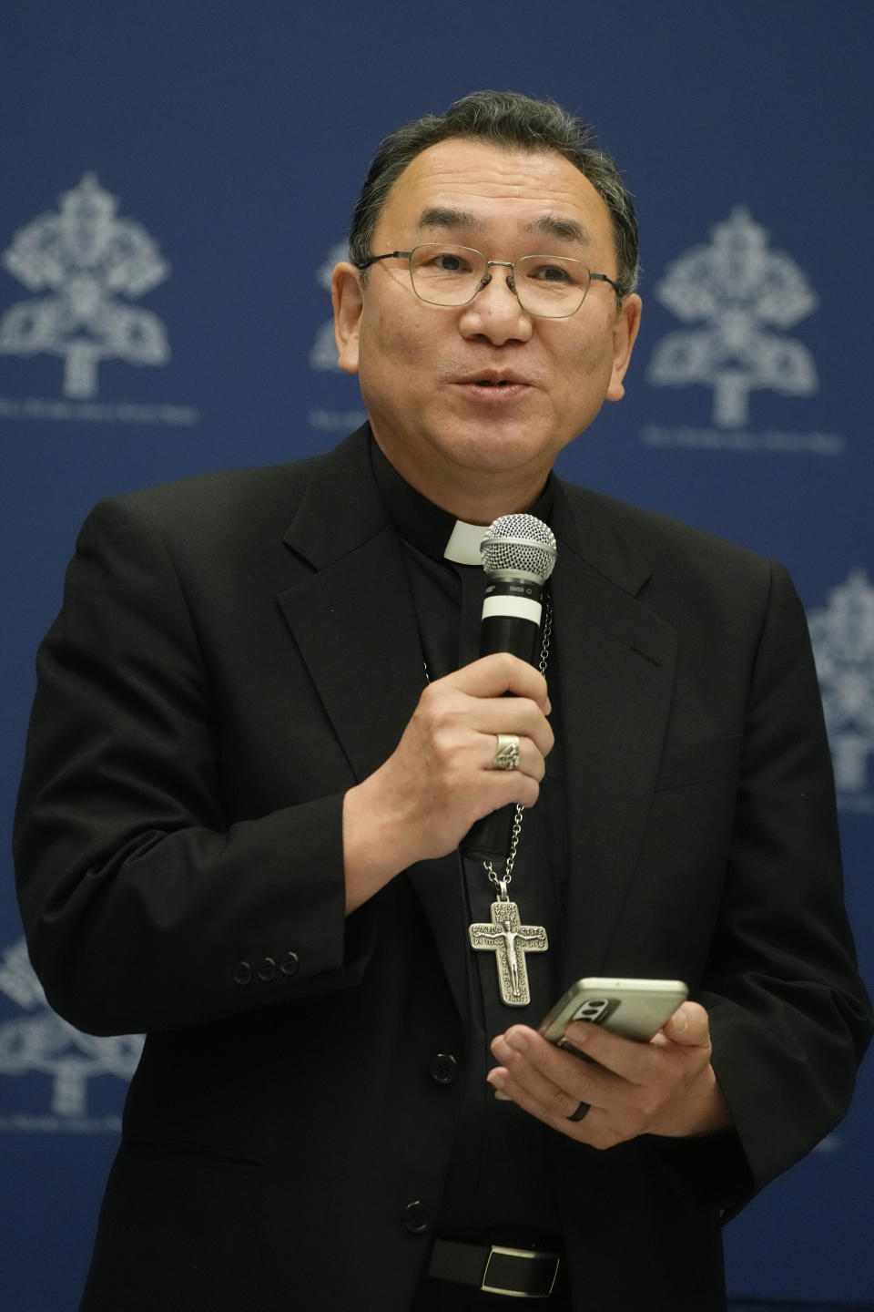 The new Caritas Internationalis President, Tokyo Archbishop Tarcisio Isao Kikuchi, meets the journalists at the Vatican, Tuesday, May 16, 2023. (AP Photo/Gregorio Borgia)