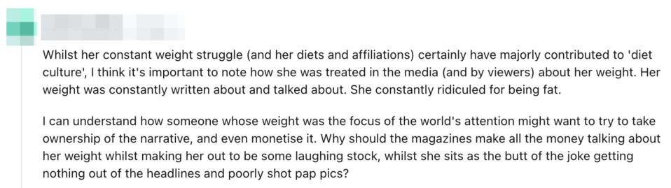 Text from an online forum discussing the media's focus on a person's weight and its effects