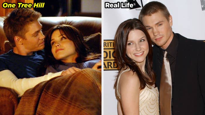 A side by side of Sophia Bush and Chad Michael Murray in One Tree hill and the real-life couple at an event