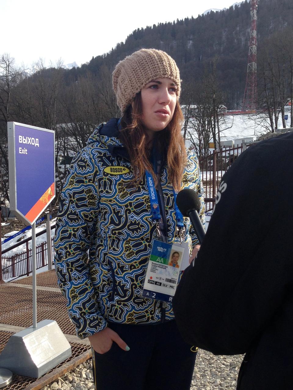 Ukrainian skier Bogdana Matsotska speaks during an interview with the Associated Press at the Sochi 2014 Winter Olympics, Thursday, Feb. 20, 2014, in Krasnaya Polyana, Russia. The International Olympic Committee said on Thursday, Feb. 20, that Matsotska is leaving the Olympics in response to the violence in her country. (AP Photo/Graham Dunbar)