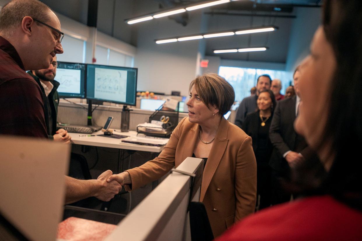 Gov. Maura Healey meets employees at RoslinCT during a tour of the Hopkinton facility on South Street, March 7, 2024. The company develops cell-based technologies.