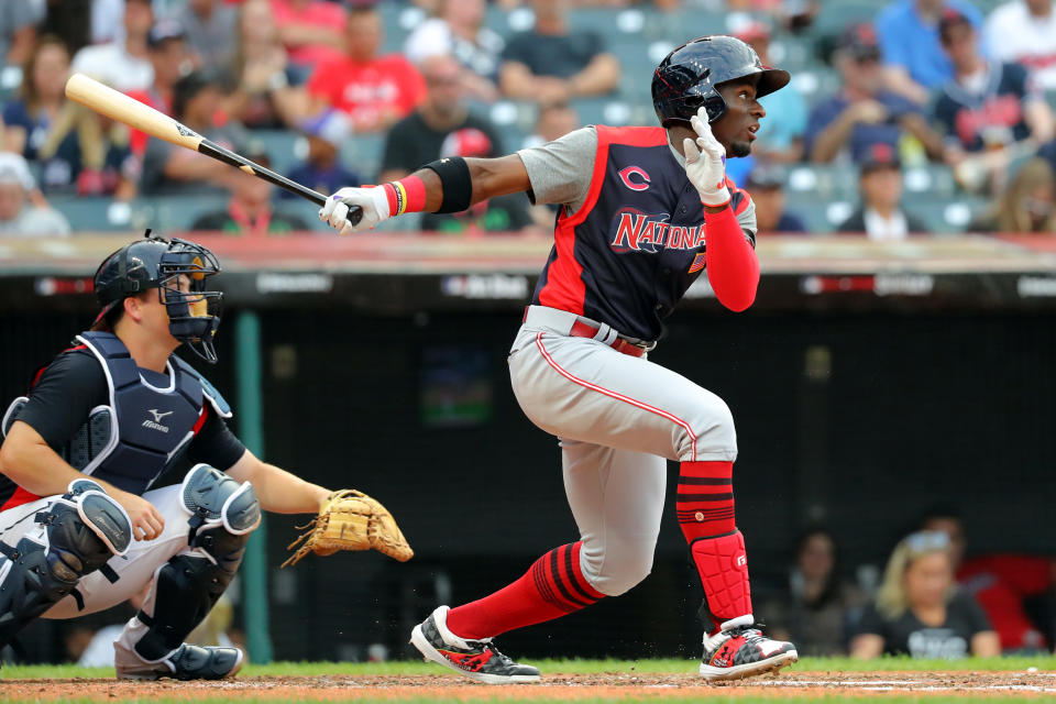 CLEVELAND, OH - JULY 07:  Taylor Trammell #7 of the National League Futures Team singles in the fourth inning during the SiriusXM All-Star Futures Game at Progressive Field on Sunday, July 7, 2019 in Cleveland, Ohio. (Photo by Alex Trautwig/MLB Photos via Getty Images)