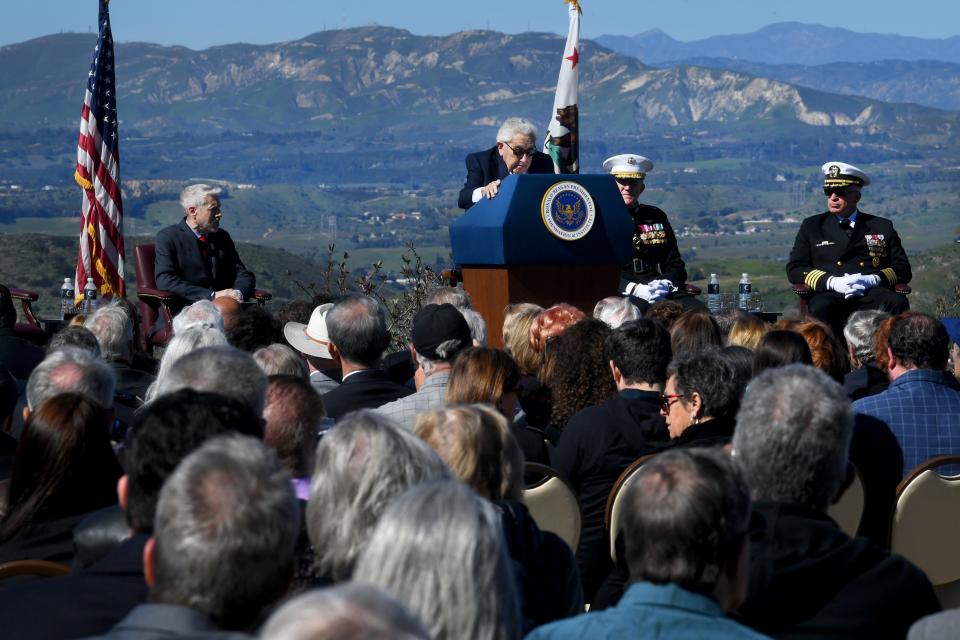 Former Secretary of State Henry Kissinger, 99, talks about his time working with Ronald Reagan during a celebration at the Ronald Reagan Presidential Library & Museum in Simi Valley on Monday, Feb. 6, 2023.