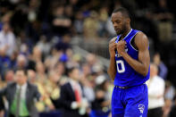 <p>Quincy McKnight #0 of the Seton Hall Pirates reacts in the second half against the Wofford Terriers during the first round of the 2019 NCAA Men’s Basketball Tournament at Jacksonville Veterans Memorial Arena on March 21, 2019 in Jacksonville, Florida. </p>