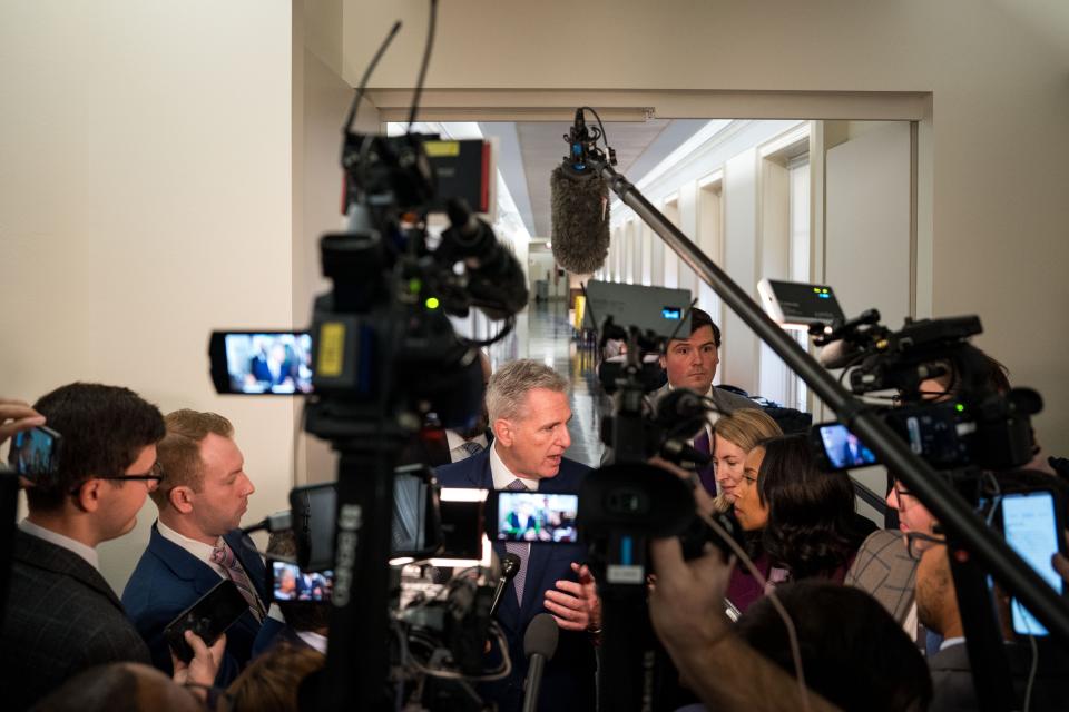 Oct 24, 2023; Washington, DC, USA; Former House Speaker Kevin McCarthy (R-CA) speaks with members of the press as he arrives for a House GOP Conference meeting as House lawmakers seek to elect a new speaker in Washington.