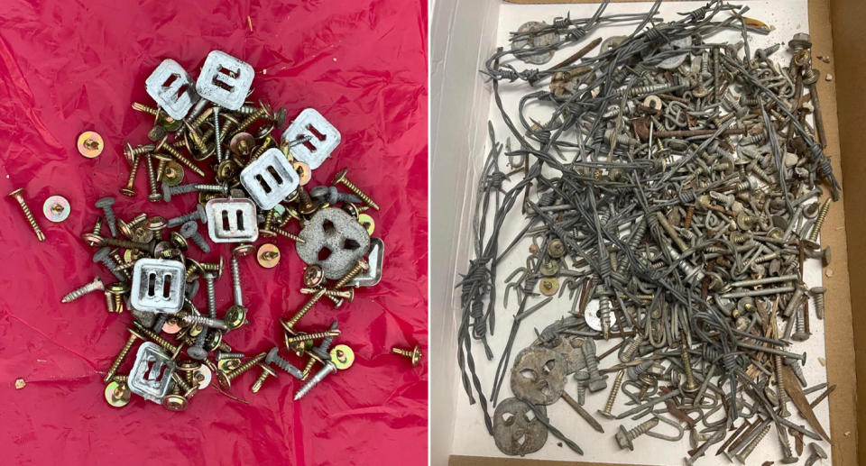 Large bundles of tacks, nails and screws can be seen after being removed the bike trail. 