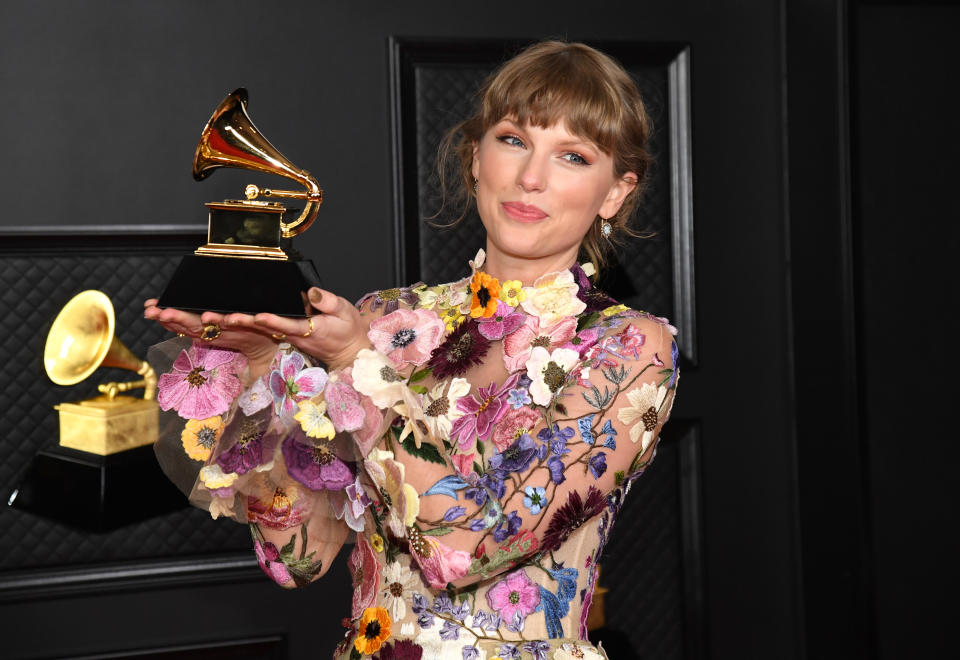 Taylor Swift, winner of Album of the Year for 'Folklore', poses in the media room during the 63rd Annual GRAMMY Awards at Los Angeles Convention Center on March 14, 2021 in Los Angeles, California. (Photo by Kevin Mazur/Getty Images for The Recording Academy )