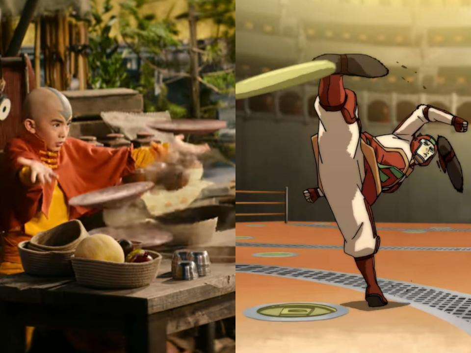left: aang in the live action avatar levitating a group of plates using airbending; right: bolin in the legend of korra earthbending a disco of earth