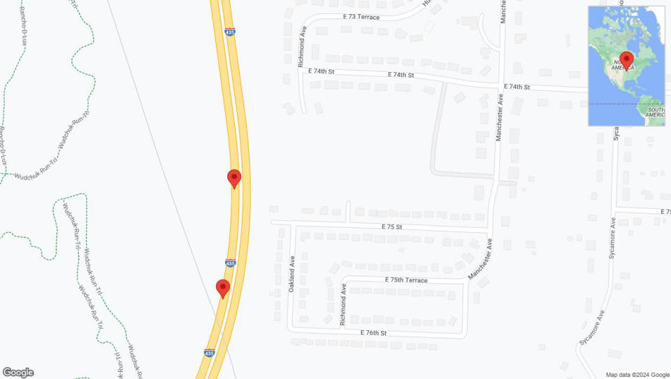 A detailed map that shows the affected road due to 'Broken down vehicle on southbound I-435 in Kansas City' on July 29th at 10:46 p.m.