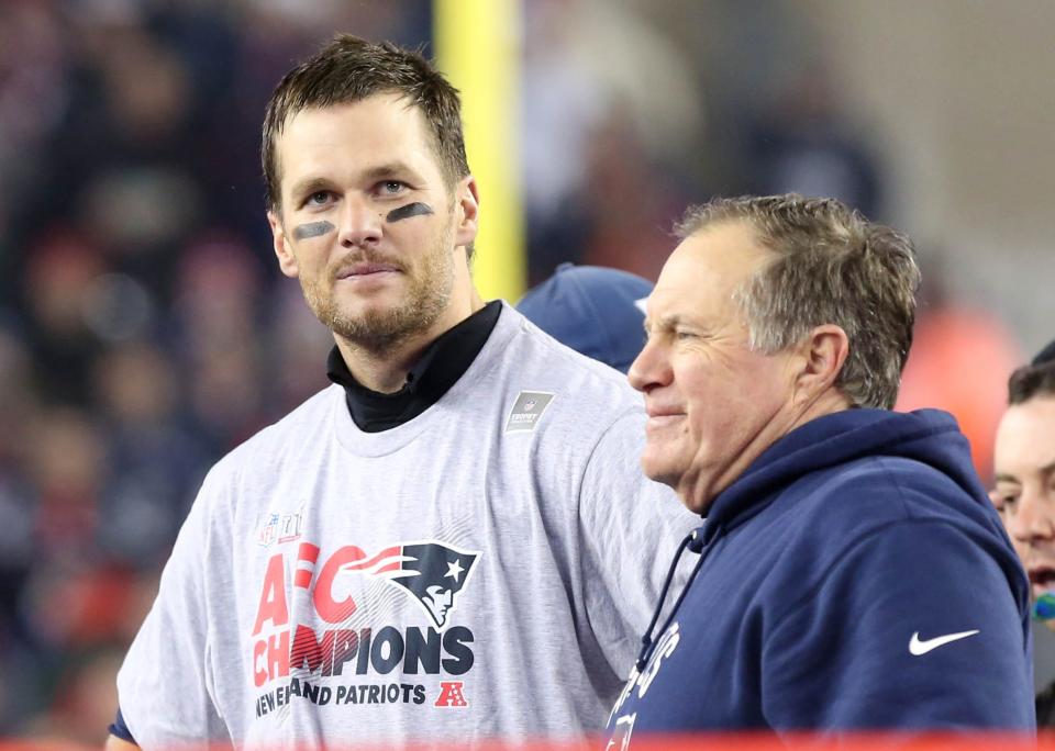 Tom Brady and Bill Belichick celebrate the New England Patriots' AFC championship game victory over the Pittsburgh Steelers in January 2017.