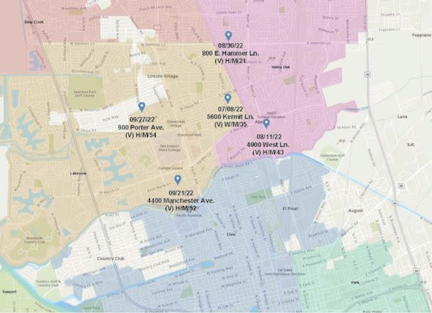 PHOTO: Stockton, Calif., police released the locations of five murders believed to be committed by the same person since July 8. (Stockton Police Department)