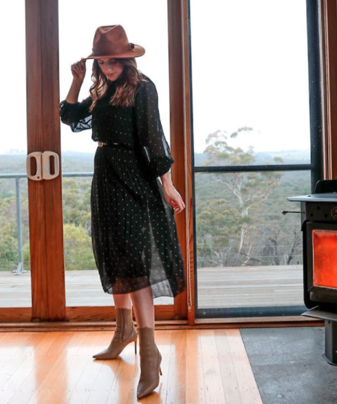 Kmart dress with brown boots and a brown hat