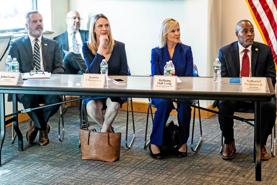 From left, John Evans, Director of Division of Forensic Science; Joanna Champney, Director of Division of Substance Abuse and Mental Health; Bethany Hall-Long, Lieutenant Governor; Nathaniel McQueen, Jr., Secretary of the Department of Safety and Homeland Security; and Chuck Sawchenko, retired Lieutenant, Special Project Trainer and Behavioral Health Coordinator for the Delaware State Police, at back, participate in a Delaware Drug Overdose Community Briefing and Response Meeting held at Delaware State Police Troop 2 in Newark, Del., Wed., Jan. 18, 2023. 