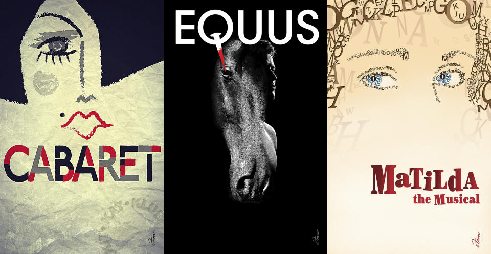 This combination of photos shows rejected theatrical poster art from "Cabaret, from left, "Equus," and "Matilda The Musical," designed by Frank Verlizzo and available for purchase. All proceeds go to the aid organization Broadway Cares/Equity Fights AIDS. (Frank Verlizzo via AP)